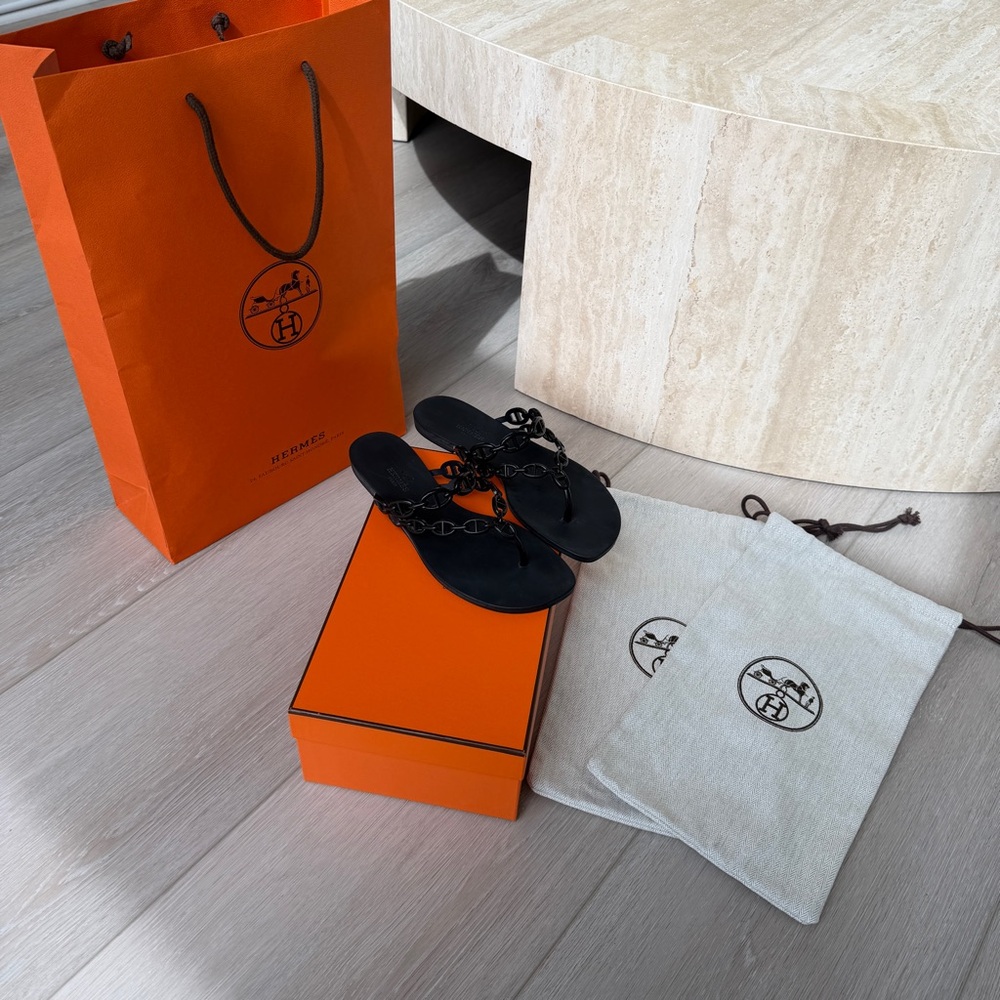 Hermès Black Sandals with Chain Detail